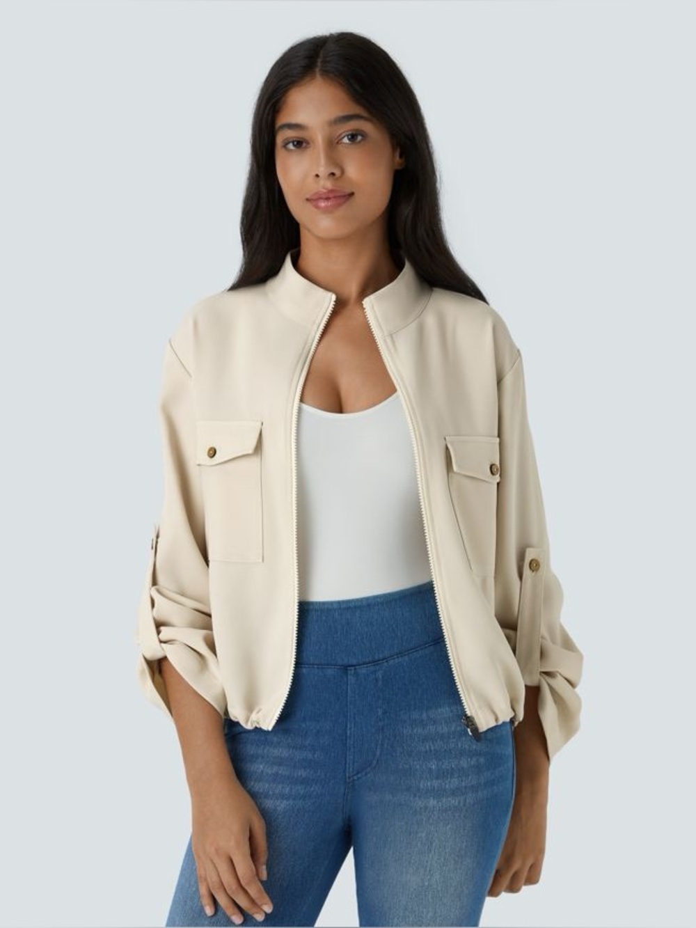 Halara Stand Collar Zip Jacket M Beige Arctic Wolf Drawstring Hem Casual - Picture 2 of 8